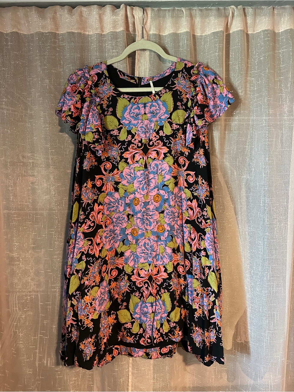 Free People Black Mini Dress with Pink & Lavender Floral Motif